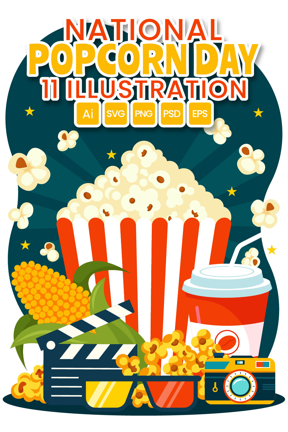 11 National Popcorn Day Illustration pinterest preview image.