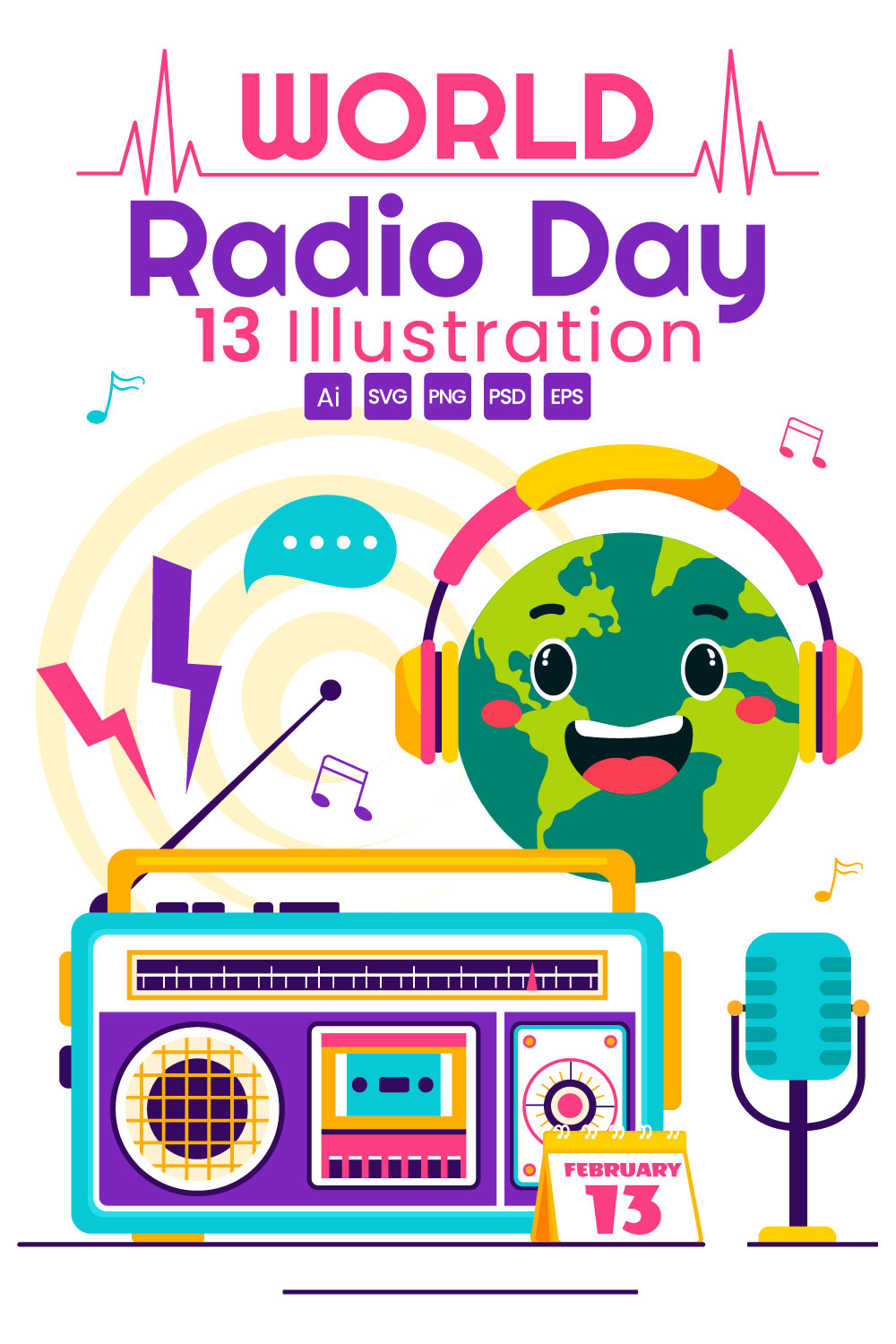 13 World Radio Day Illustration pinterest preview image.