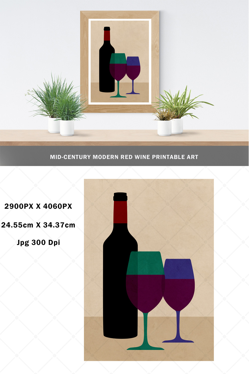 Red Wine Bottle & Glasses Printable Art pinterest preview image.