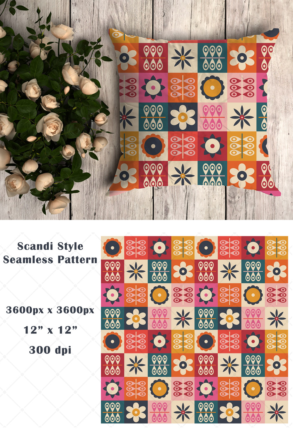 Colorful Seamless Scandi Style Pattern pinterest preview image.