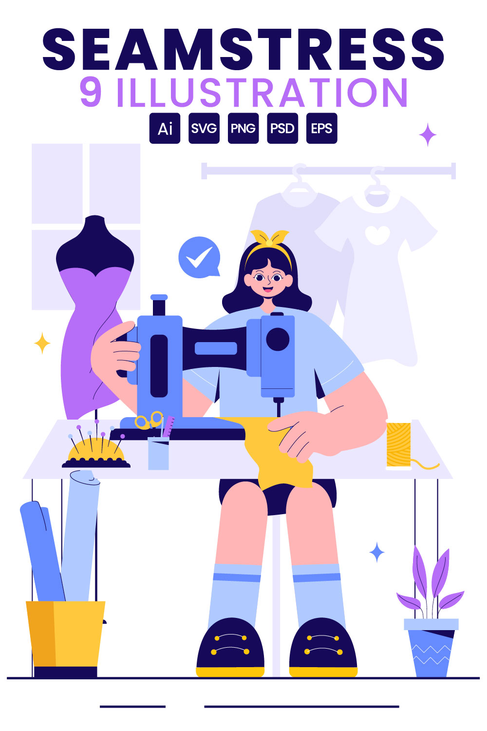 9 Seamstress at Work Illustration pinterest preview image.