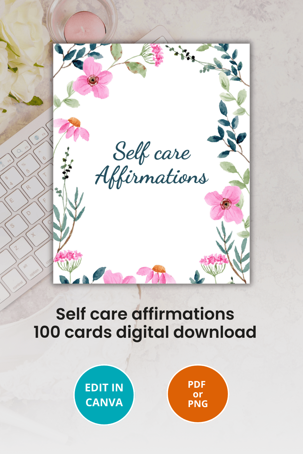 Self care affirmations Printable/ Digital / Canva template pinterest preview image.