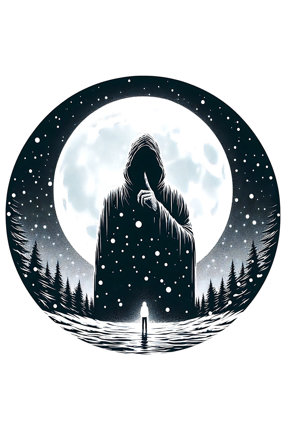 Silent Fright with a shadowy figure under a snowy moon pinterest preview image.