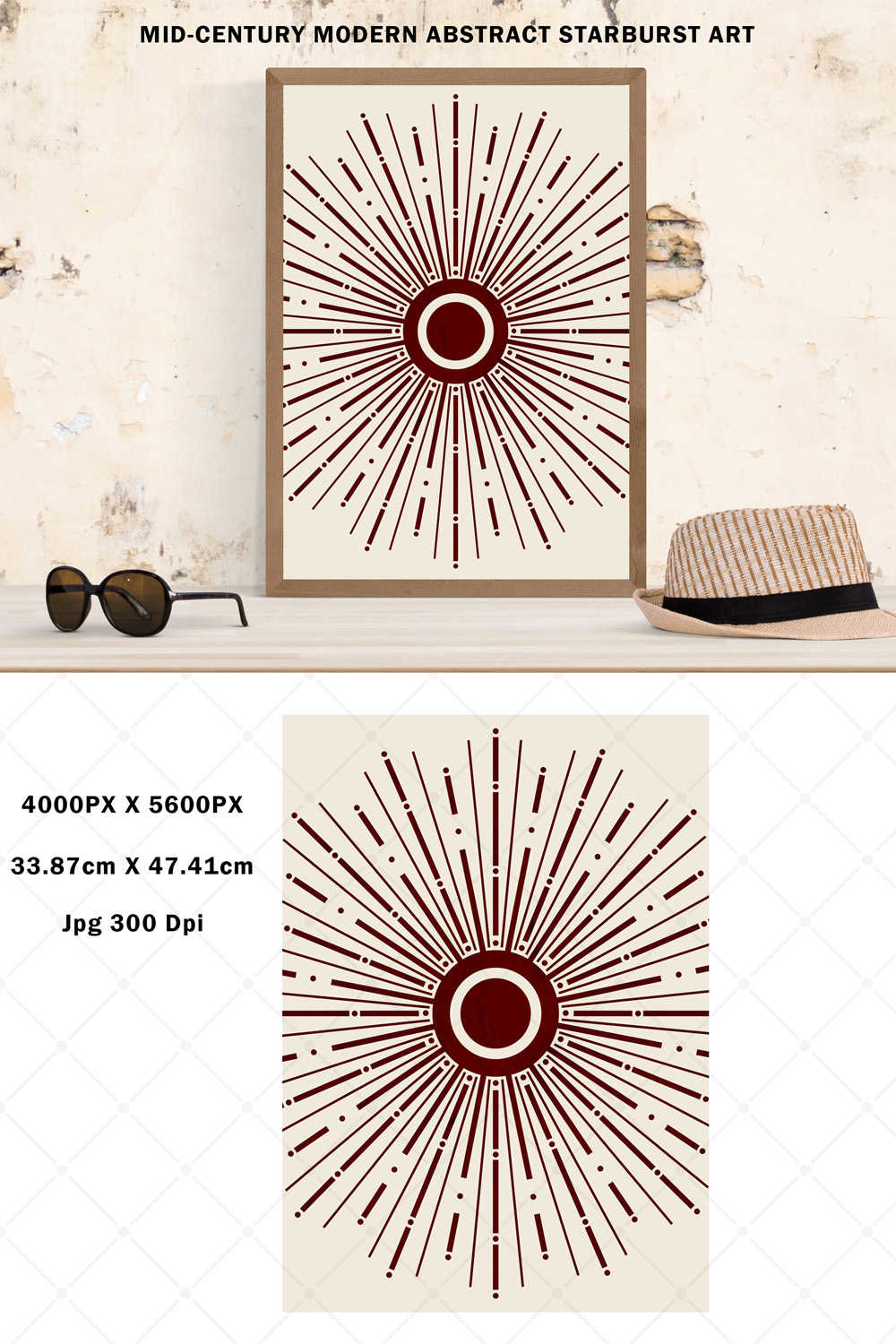 Retro Minimalist Abstract Sunburst Art pinterest preview image.