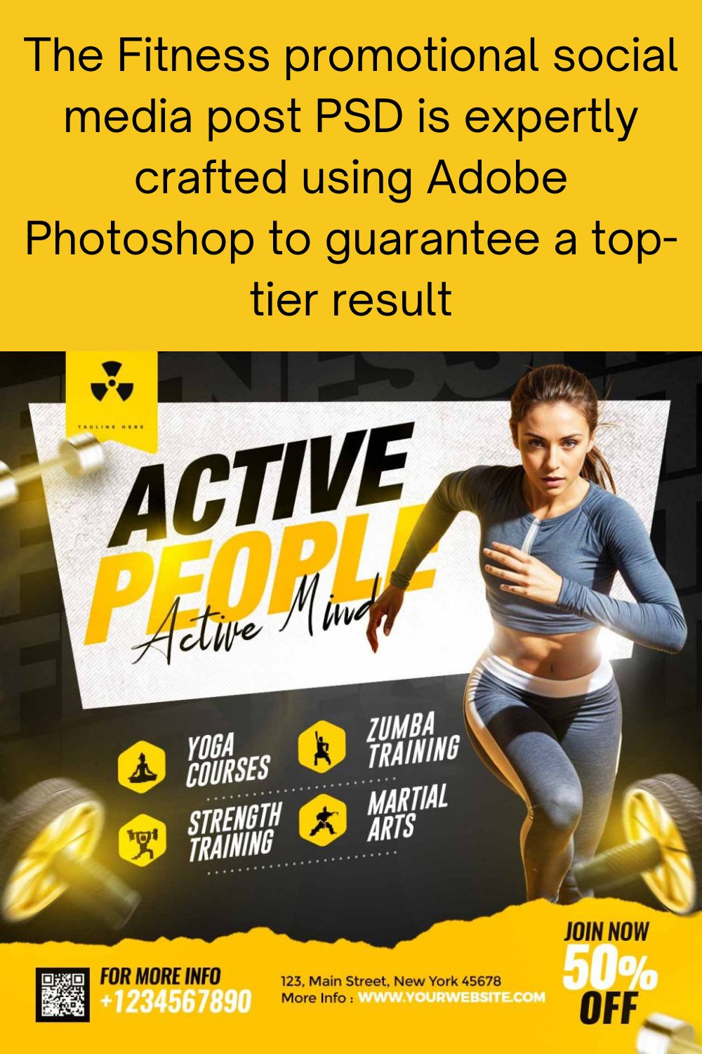 Fitness promotional social media post PSD pinterest preview image.