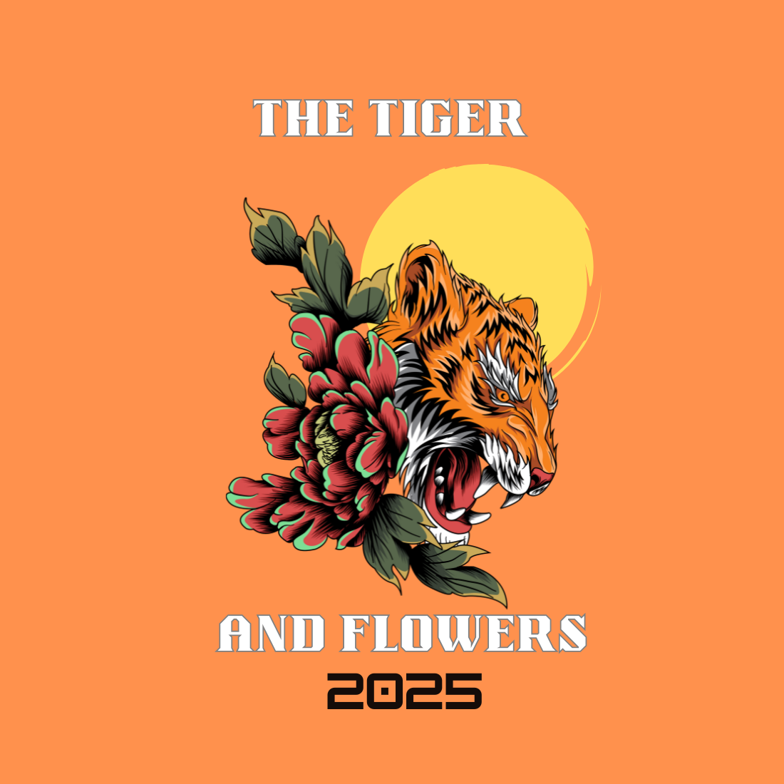 Roaring Tiger & Blossoming Flowers" Artistic Nature-Inspired Design for T-shirts and More preview image.