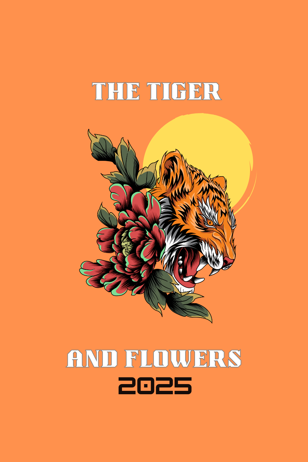 Roaring Tiger & Blossoming Flowers" Artistic Nature-Inspired Design for T-shirts and More pinterest preview image.