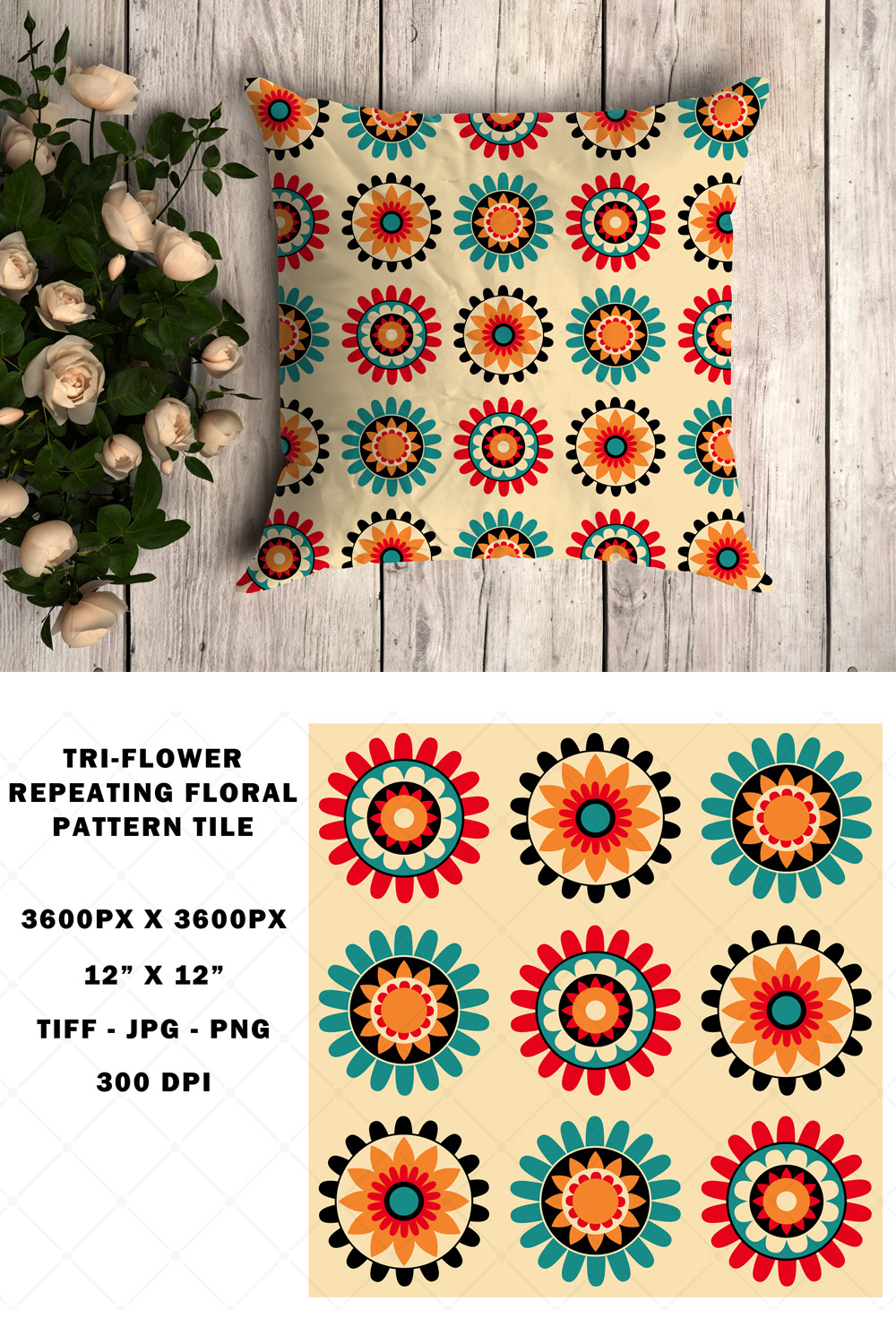 Tri-Flower Colorful Repeating Pattern pinterest preview image.