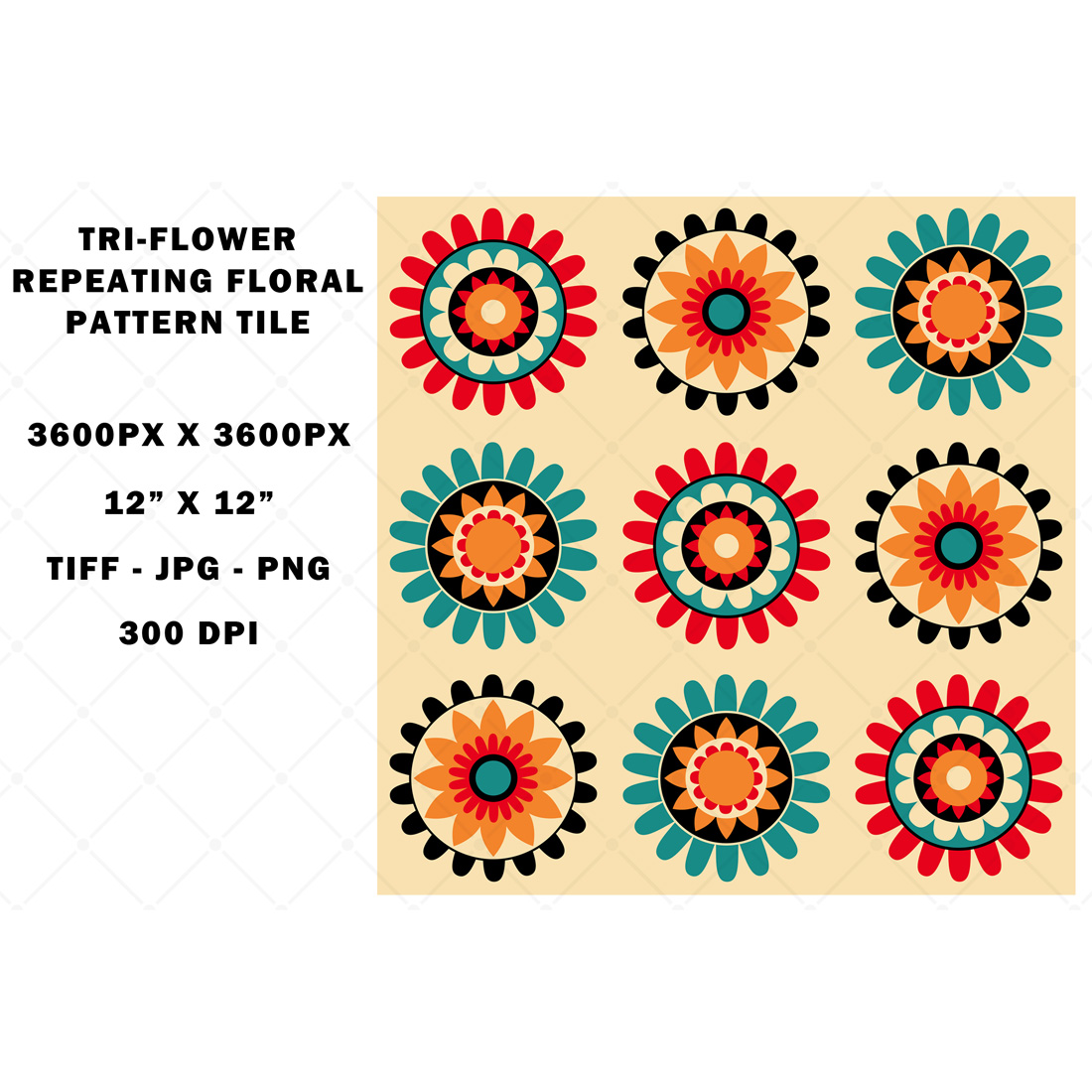 Tri-Flower Colorful Repeating Pattern preview image.