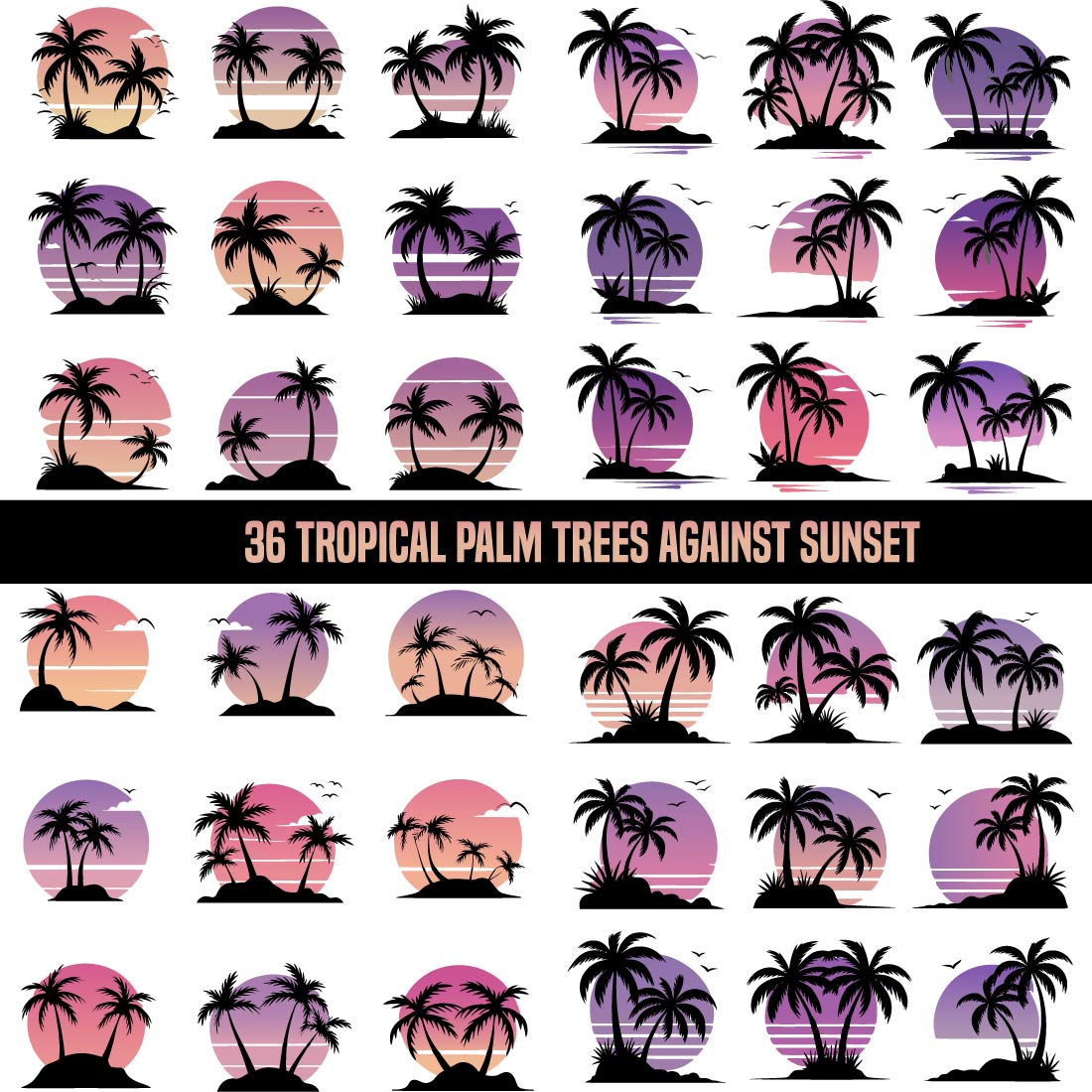 36 Tropical Palm Trees Against Sunset Horizon Design Bundle cover image.