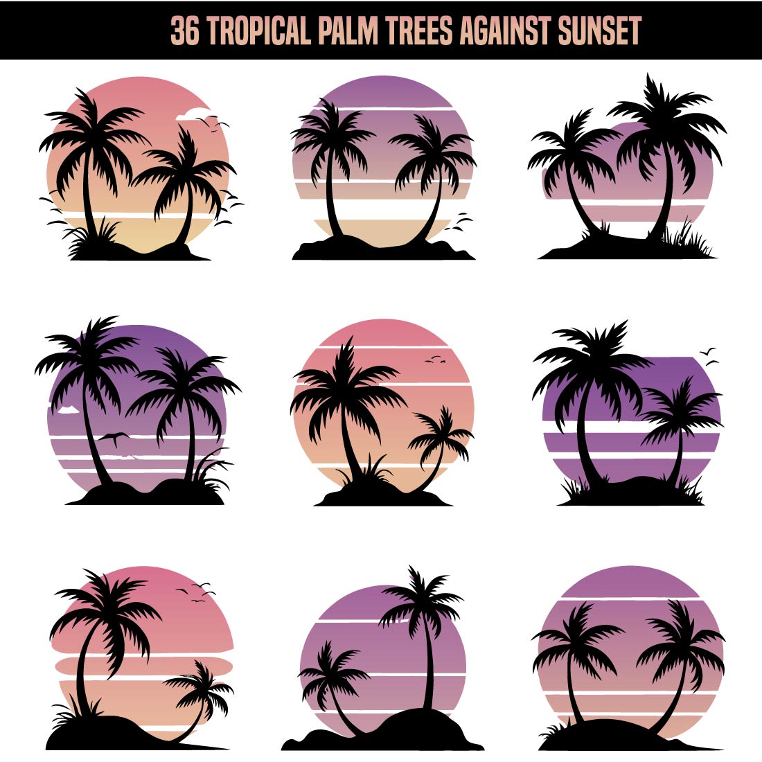 36 Tropical Palm Trees Against Sunset Horizon Design Bundle preview image.