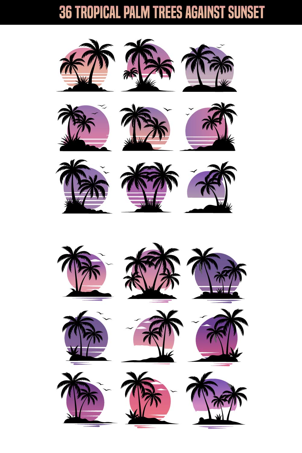 36 Tropical Palm Trees Against Sunset Horizon Design Bundle pinterest preview image.