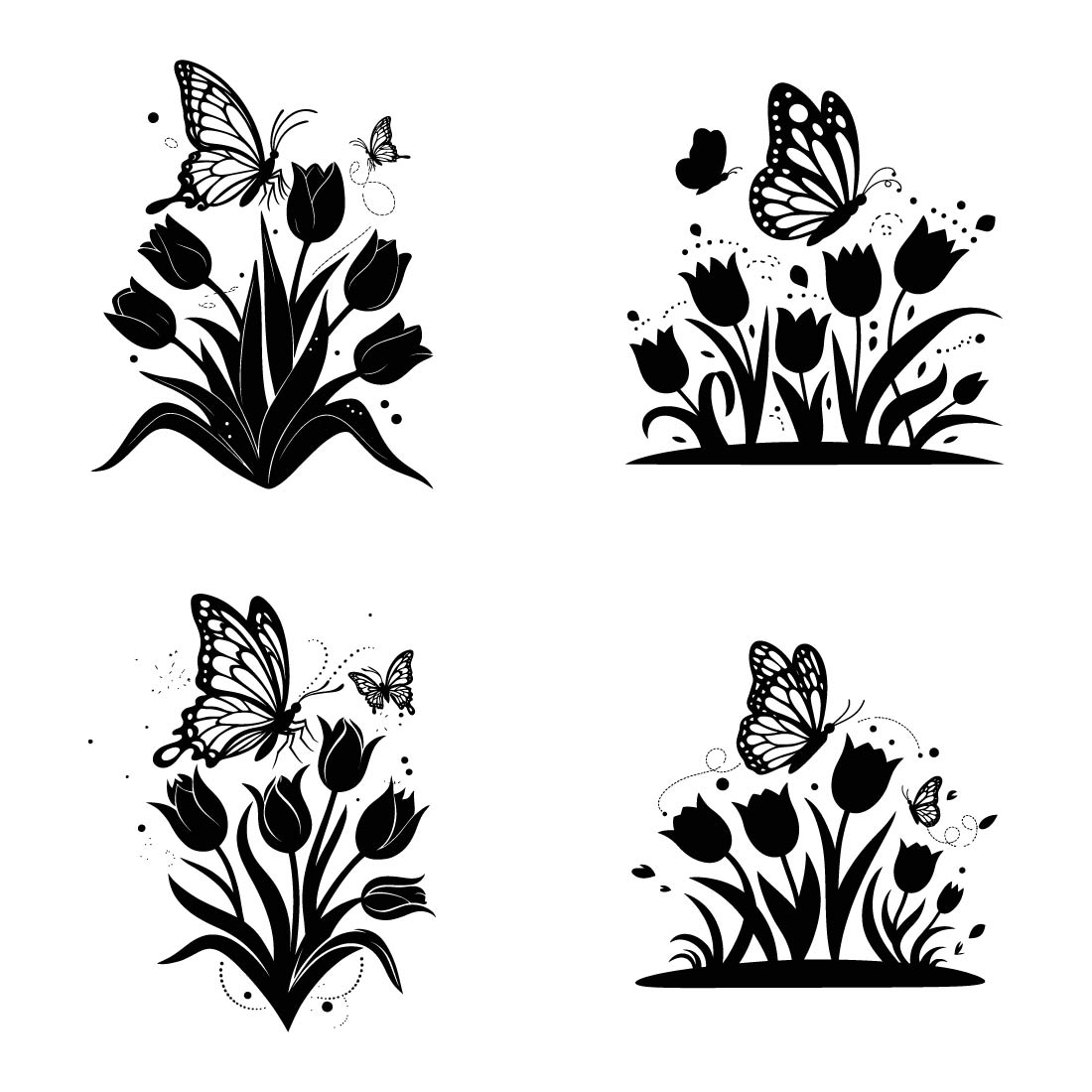 4 pes Tulip flowers tulip vector silhouette butterfly design bundle cover image.