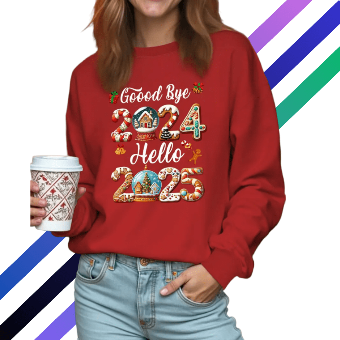 Goodbye 2024 Hello 2025 Sweatshirt - Casual Seasonal Long Sleeve Sweater for Adults & Kids preview image.