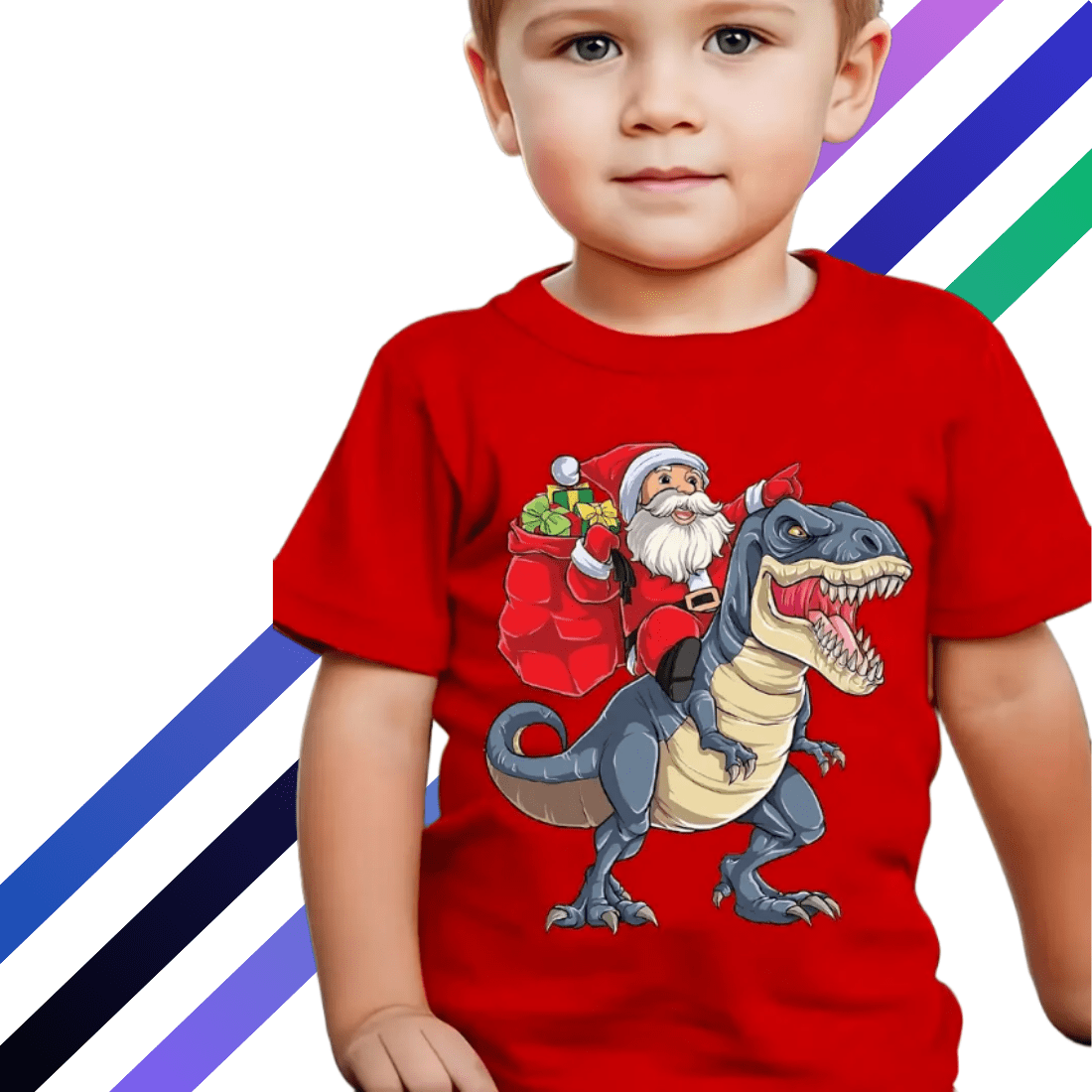 Festive Dinosaur & Santa Claus T-Shirt for Kids - Christmas Summer Tee for Boys preview image.