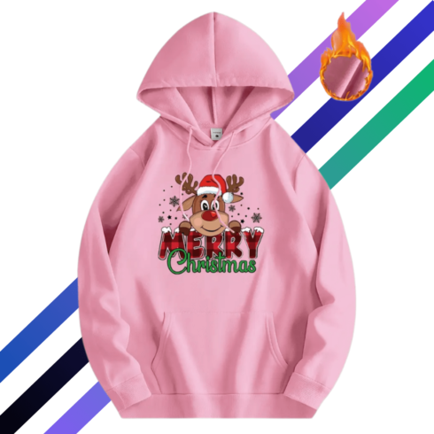 Merry Christmas Reindeer Print Hoodie - Cozy Fleece Pullover with Kangaroo Pocket cover image.