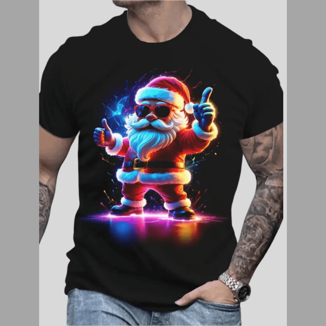 Cool Neon Santa Claus with Sunglasses - Vibrant Christmas T-Shirt Design cover image.