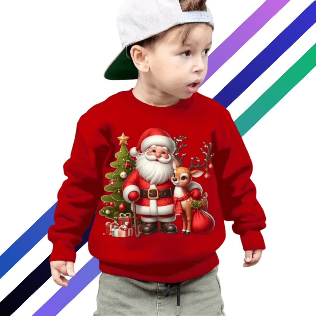 Festive Christmas Santa & Reindeer Sweatshirt for Boys - Cozy Autumn/Winter Knitwear cover image.