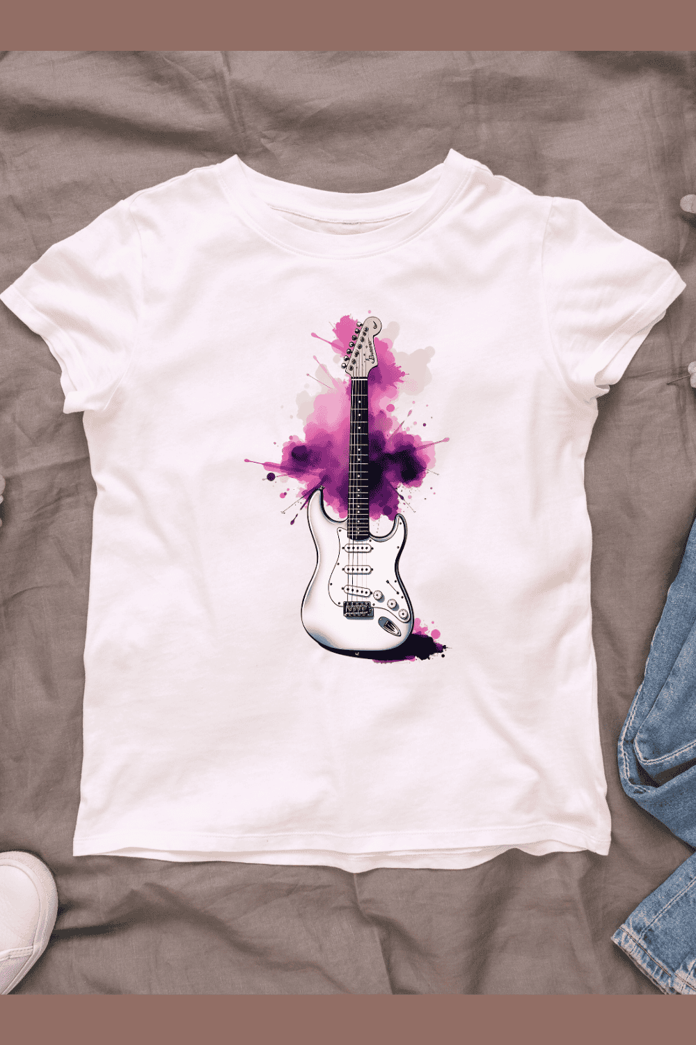 Electric Guitar with Pink and Purple Splashes T-Shirt Design Bundle pinterest preview image.