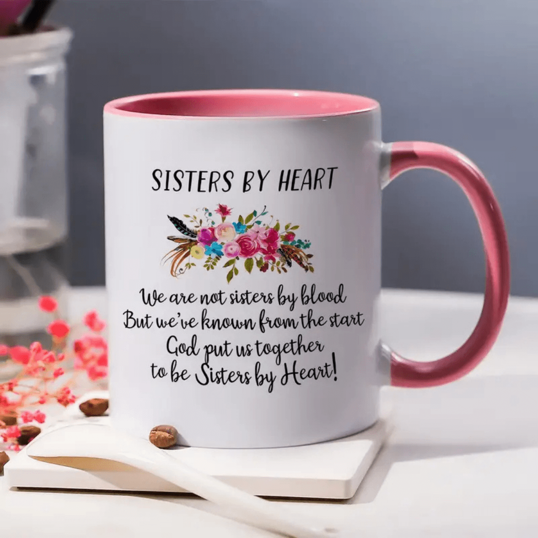 Sisters By Heart Ceramic Mug - White Coffee Tea Mug, Perfect Gift for Birthdays & Home Kitchen Use cover image.