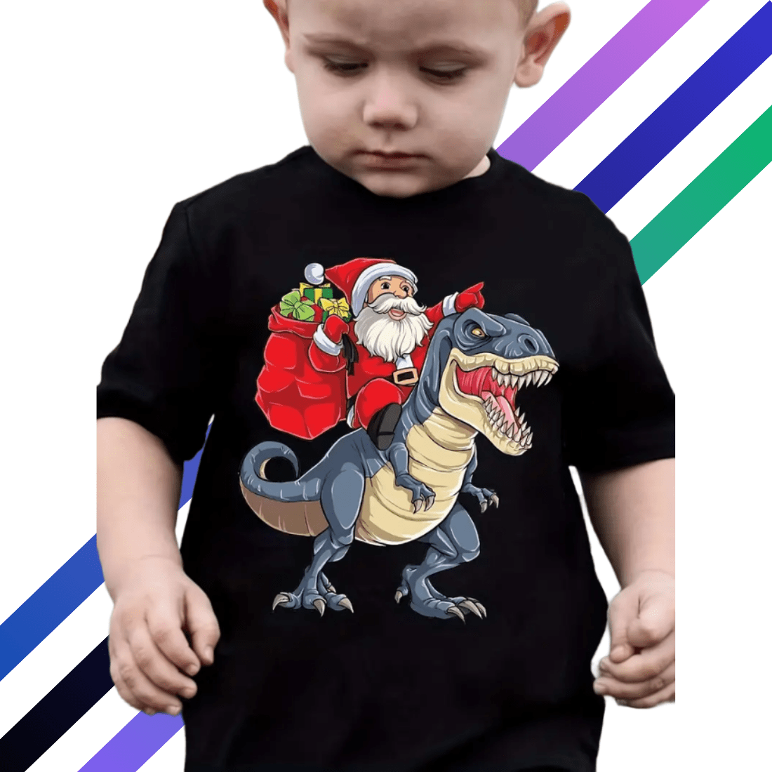 Festive Dinosaur & Santa Claus T-Shirt for Kids - Christmas Summer Tee for Boys cover image.