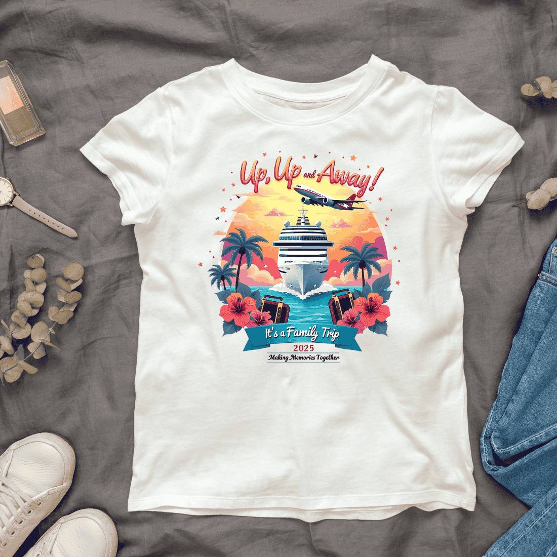 up, up, and away! it's a family trip 2025 T-Shirt Design Bundle cover image.