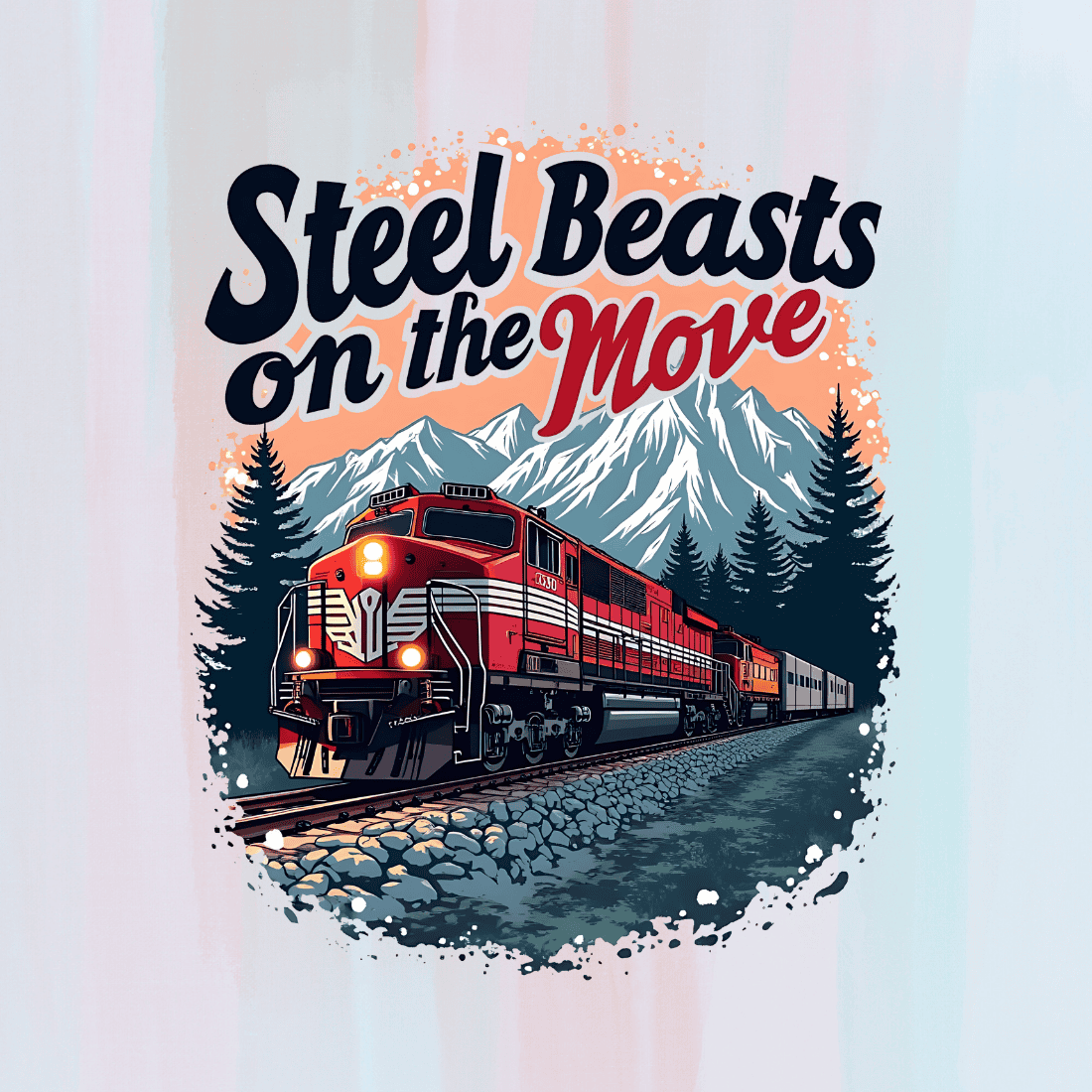 Red Freight Train Passing Through Mountains T-Shirt Design Bundle preview image.