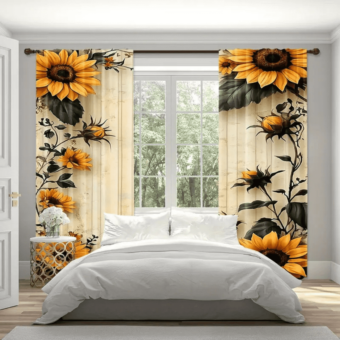 Sunflower Print Light-Filtering Curtains - Elegant Rod Pocket Drapes for Home Decor preview image.