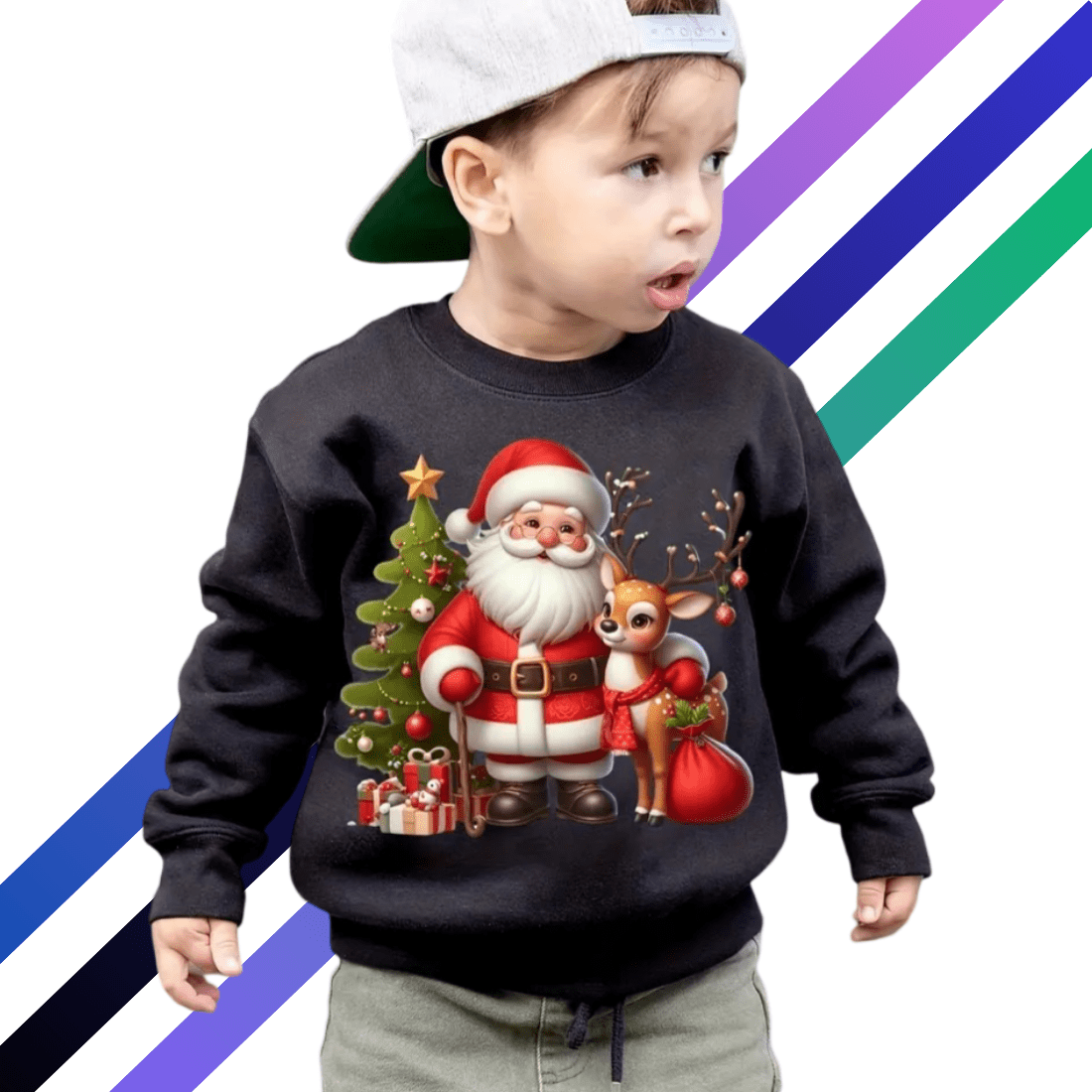 Festive Christmas Santa & Reindeer Sweatshirt for Boys - Cozy Autumn/Winter Knitwear preview image.