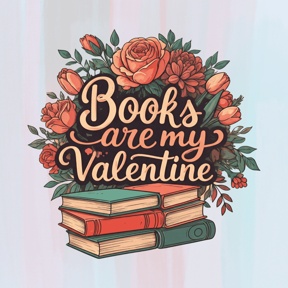 Book Lover Valentine with Roses and Stack of Books T-Shirt Design Bundle preview image.