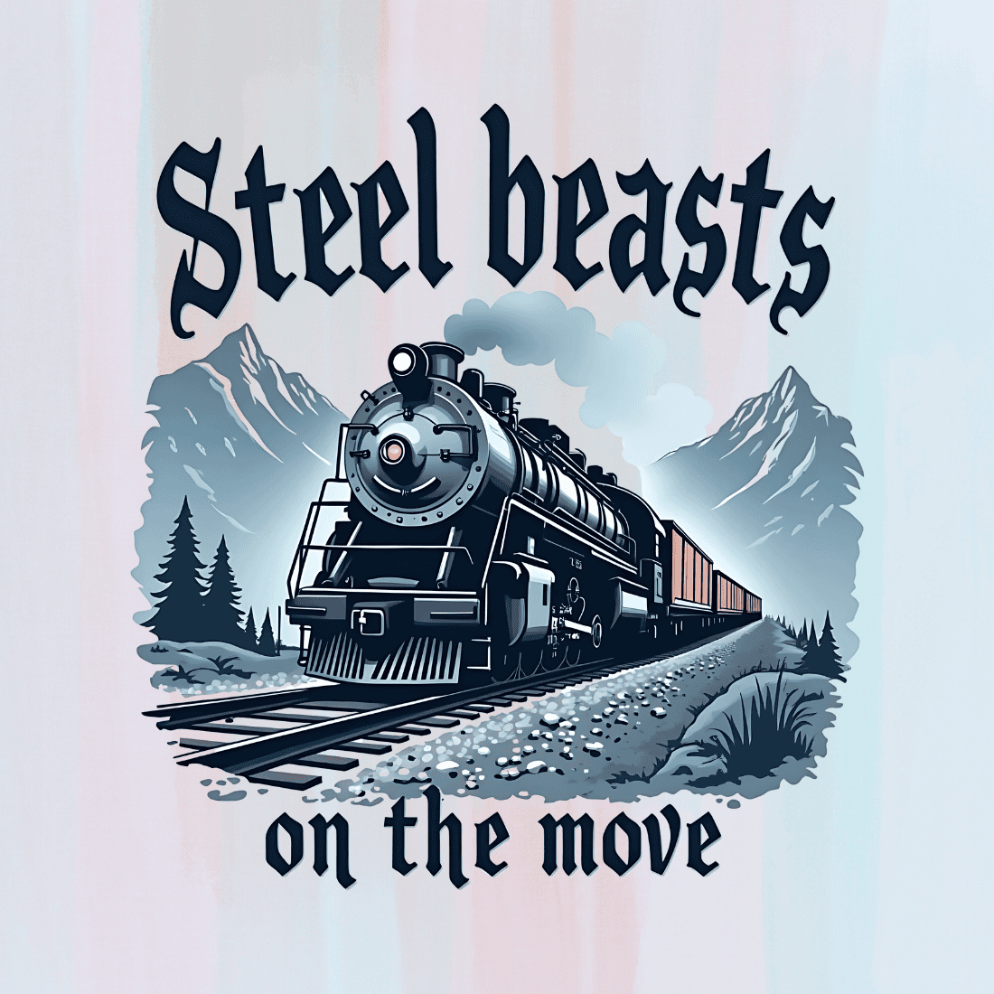 Vintage Train on Tracks with Mountain Backdrop T-Shirt Design Bundle preview image.