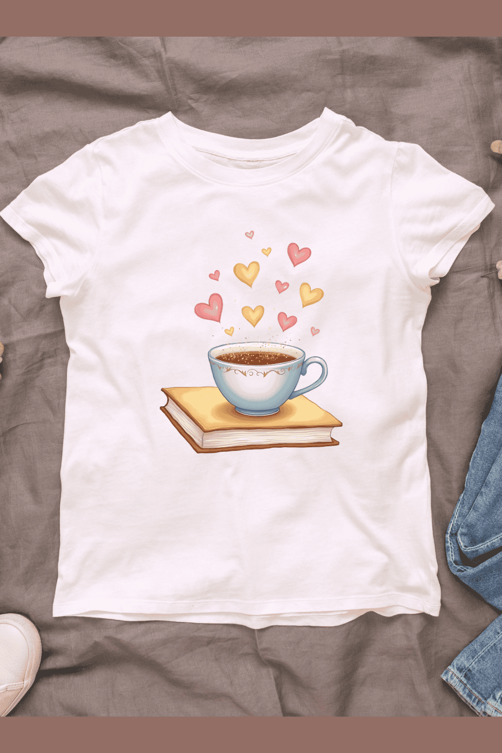 Tea and Book with Hearts T-Shirt Design Bundle pinterest preview image.