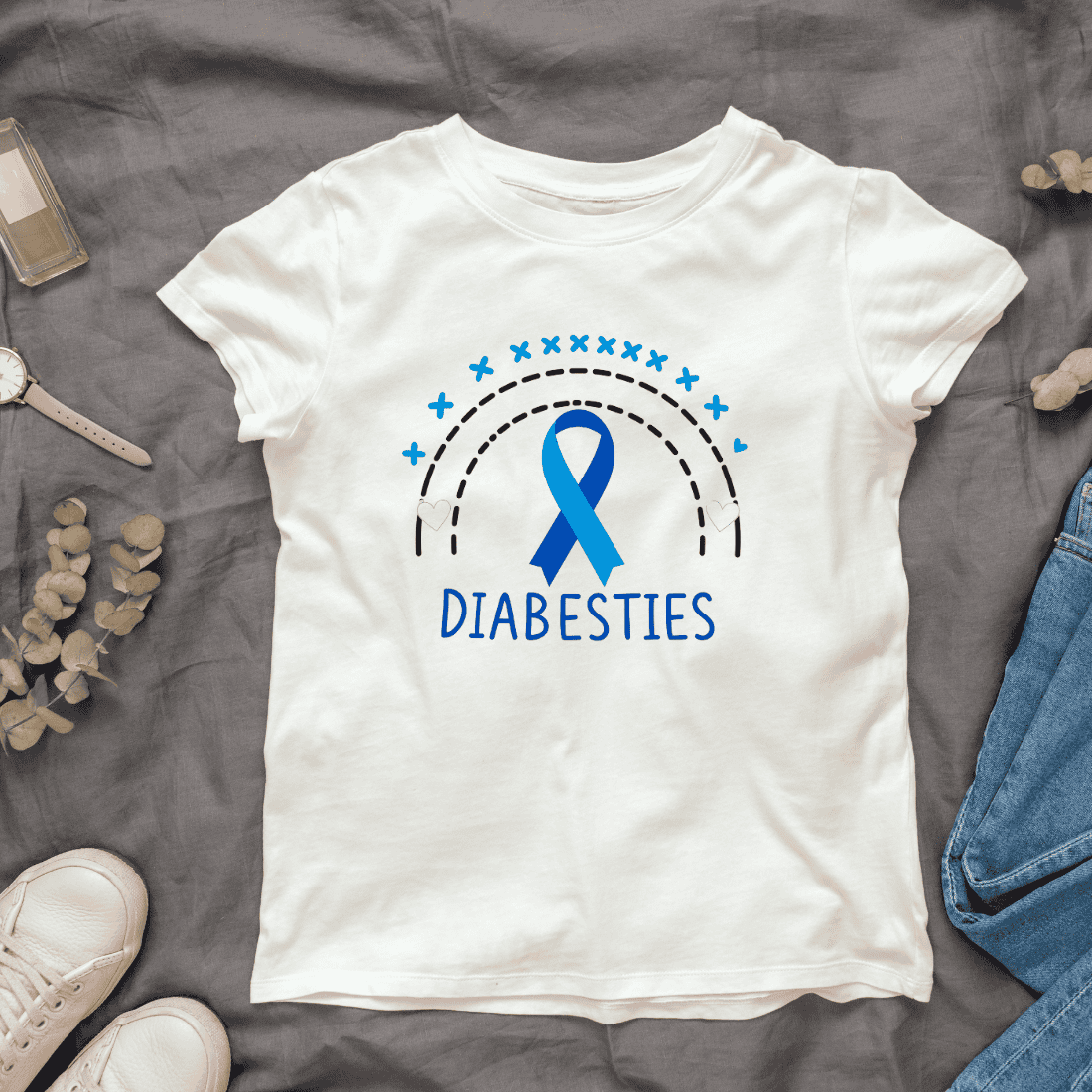 Diabetes Awareness Ribbon with Rainbow and Hearts T-Shirt Design Bundle cover image.