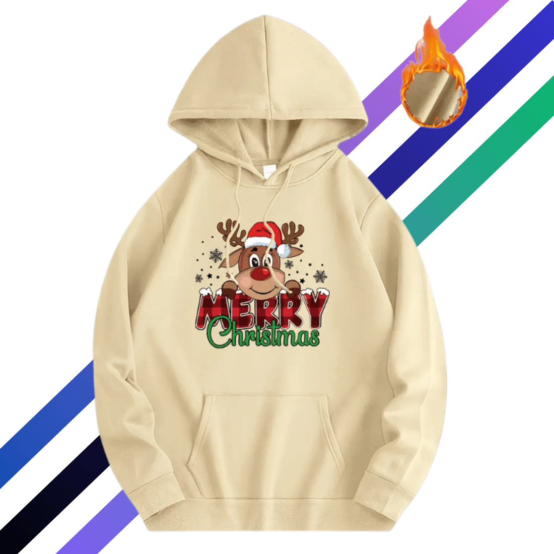 Merry Christmas Reindeer Print Hoodie - Cozy Fleece Pullover with Kangaroo Pocket preview image.