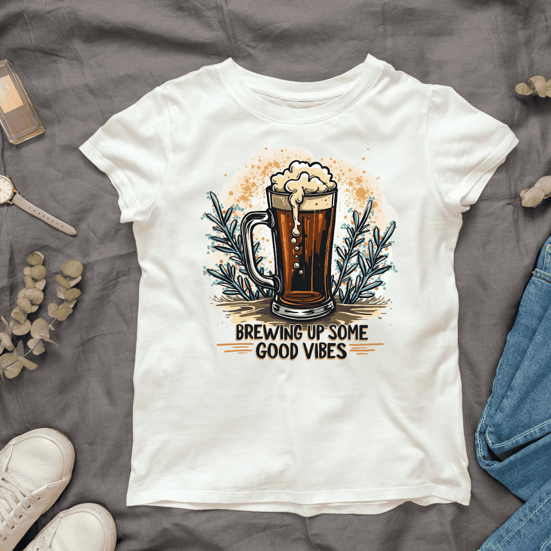 Beer Mug with Brewing Up Some Good Vibes Text T-Shirt Design Bundle cover image.