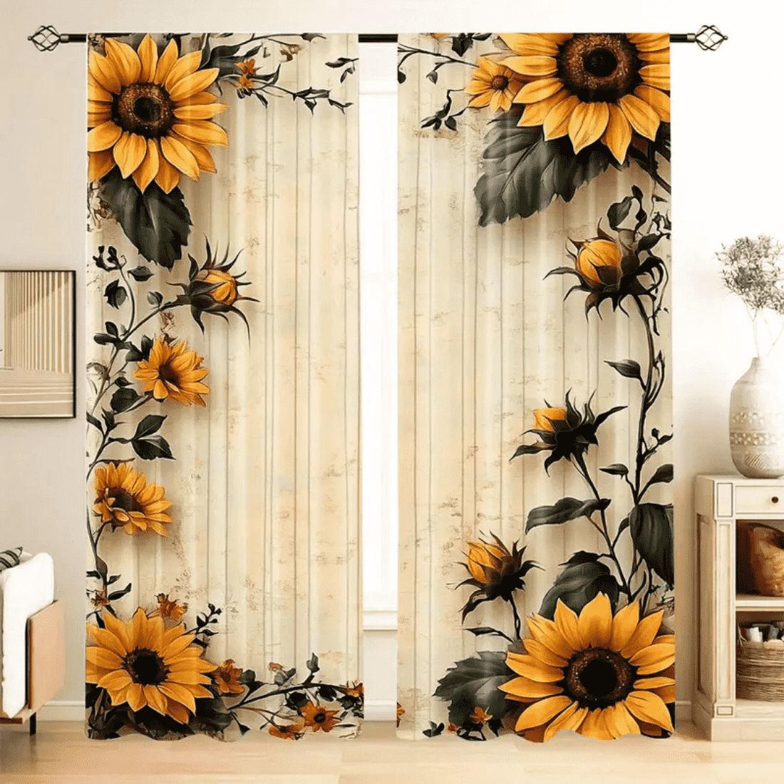 Sunflower Print Light-Filtering Curtains - Elegant Rod Pocket Drapes for Home Decor cover image.