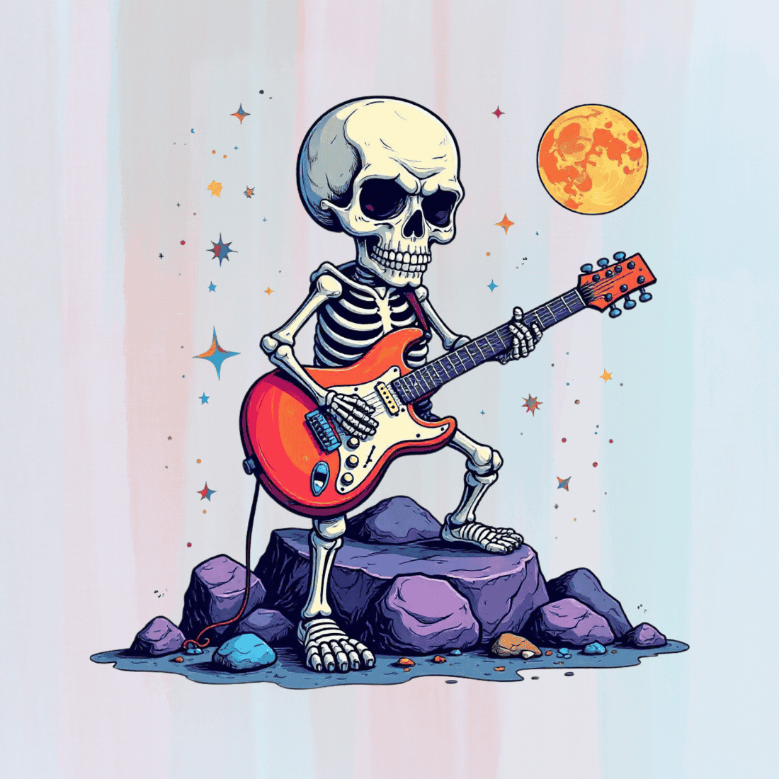 Skeleton Playing Electric Guitar on Rocks T-Shirt Design Bundle preview image.