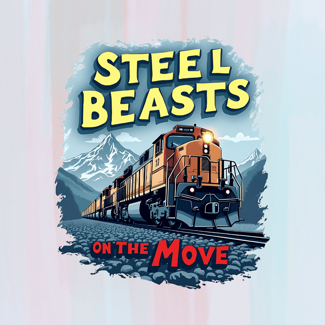 Powerful Train Traveling Through Mountain Scenery T-Shirt Design Bundle preview image.