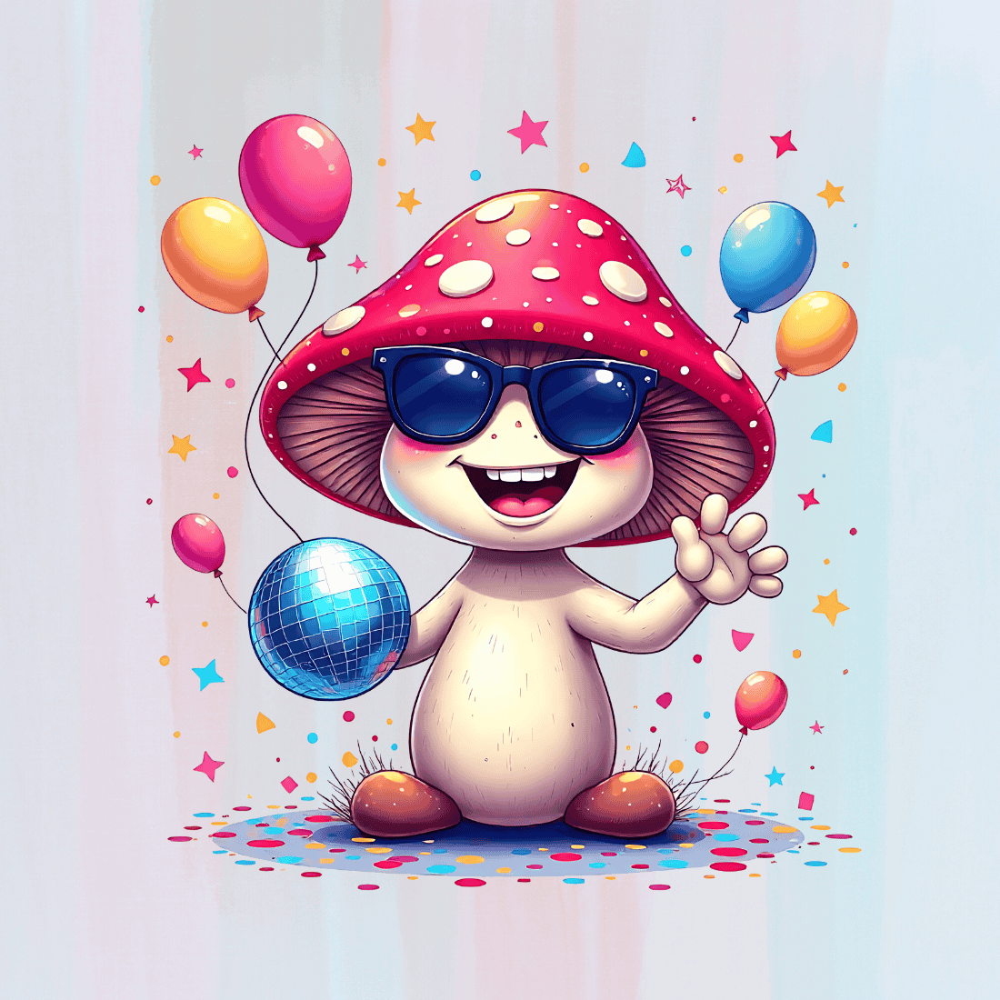 Cartoon Mushroom with Balloons and Disco Ball T-Shirt Design Bundle preview image.