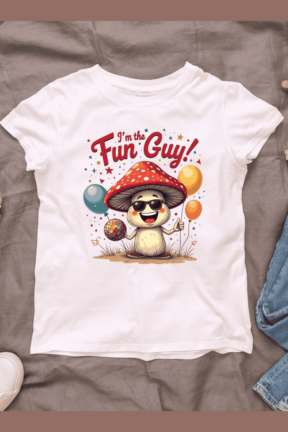 Happy Mushroom with Sunglasses and Confetti T-Shirt Design Bundle pinterest preview image.