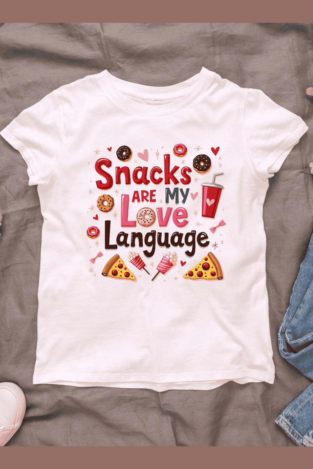 Snack Lover Graphic with Hearts T-Shirt Design Bundle pinterest preview image.