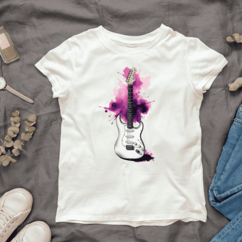 Electric Guitar with Pink and Purple Splashes T-Shirt Design Bundle cover image.