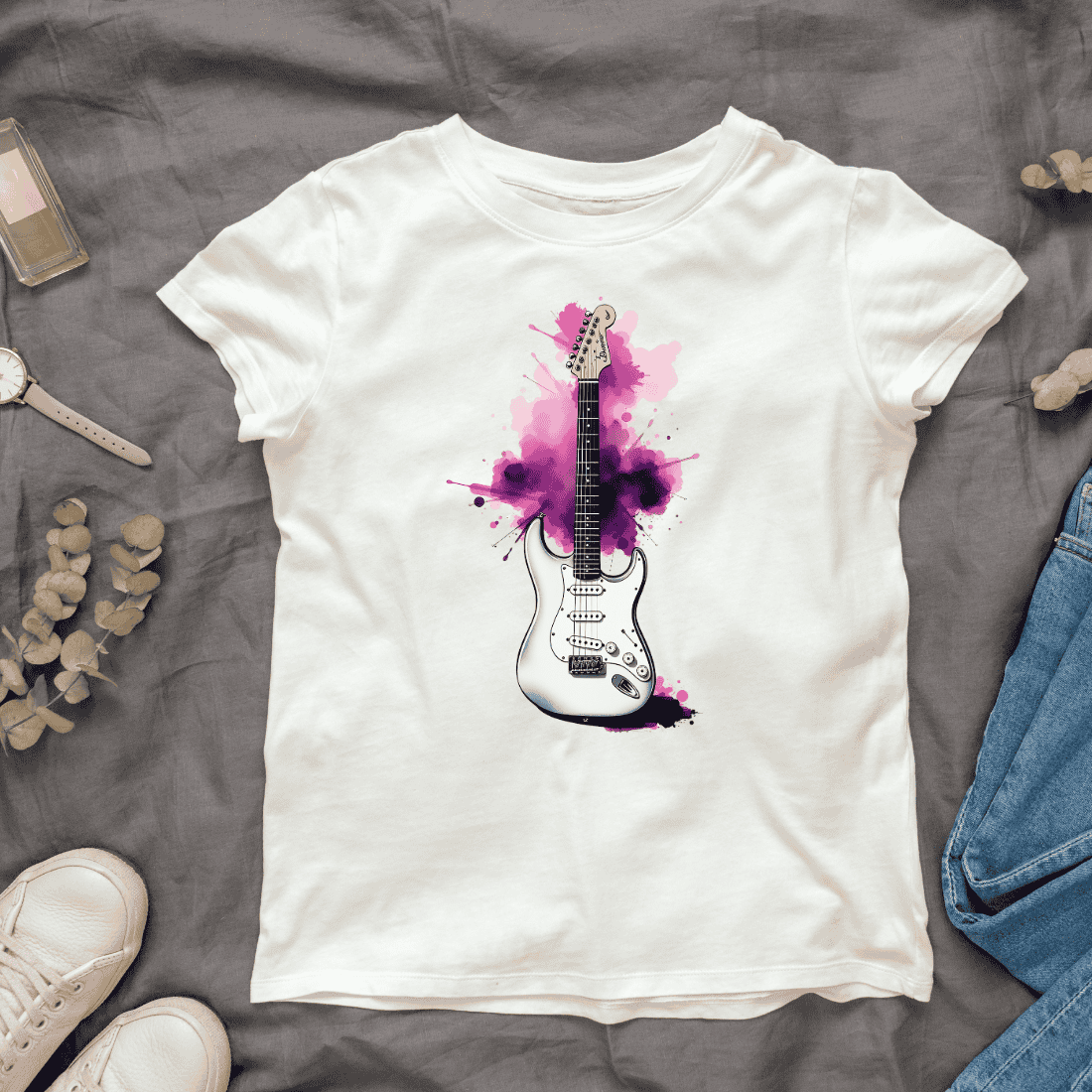 Electric Guitar with Pink and Purple Splashes T-Shirt Design Bundle cover image.