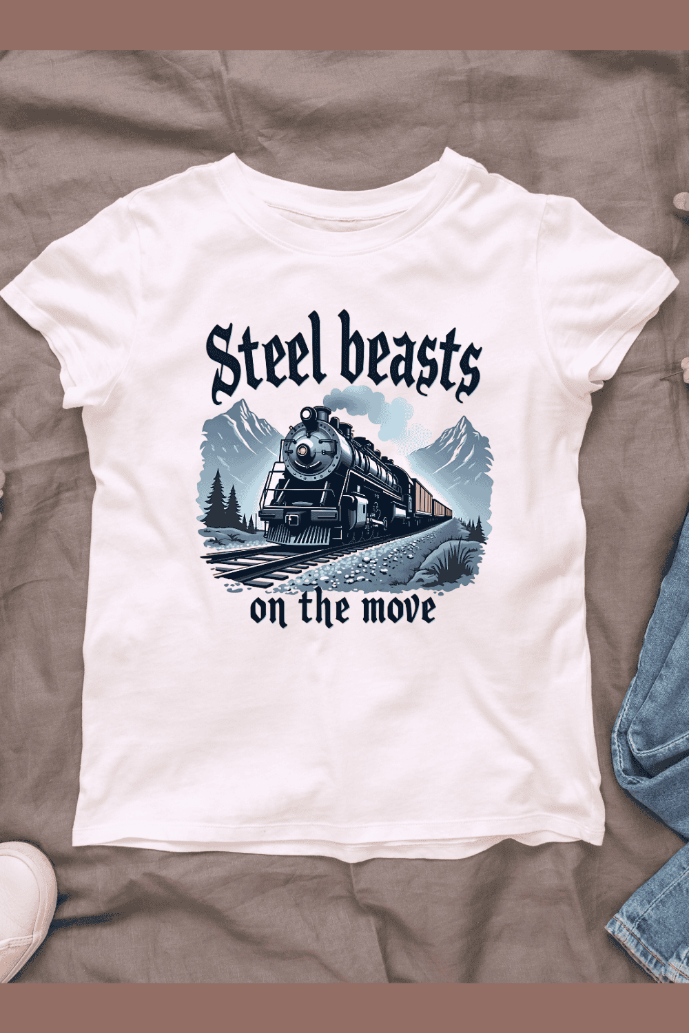 Vintage Train on Tracks with Mountain Backdrop T-Shirt Design Bundle pinterest preview image.