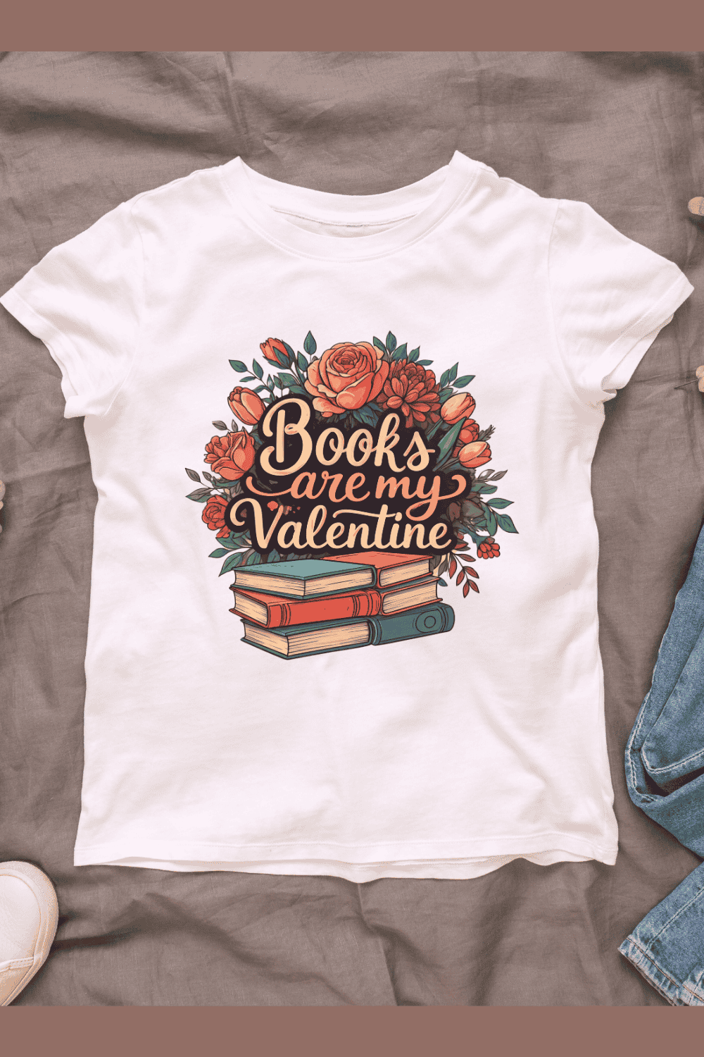 Book Lover Valentine with Roses and Stack of Books T-Shirt Design Bundle pinterest preview image.