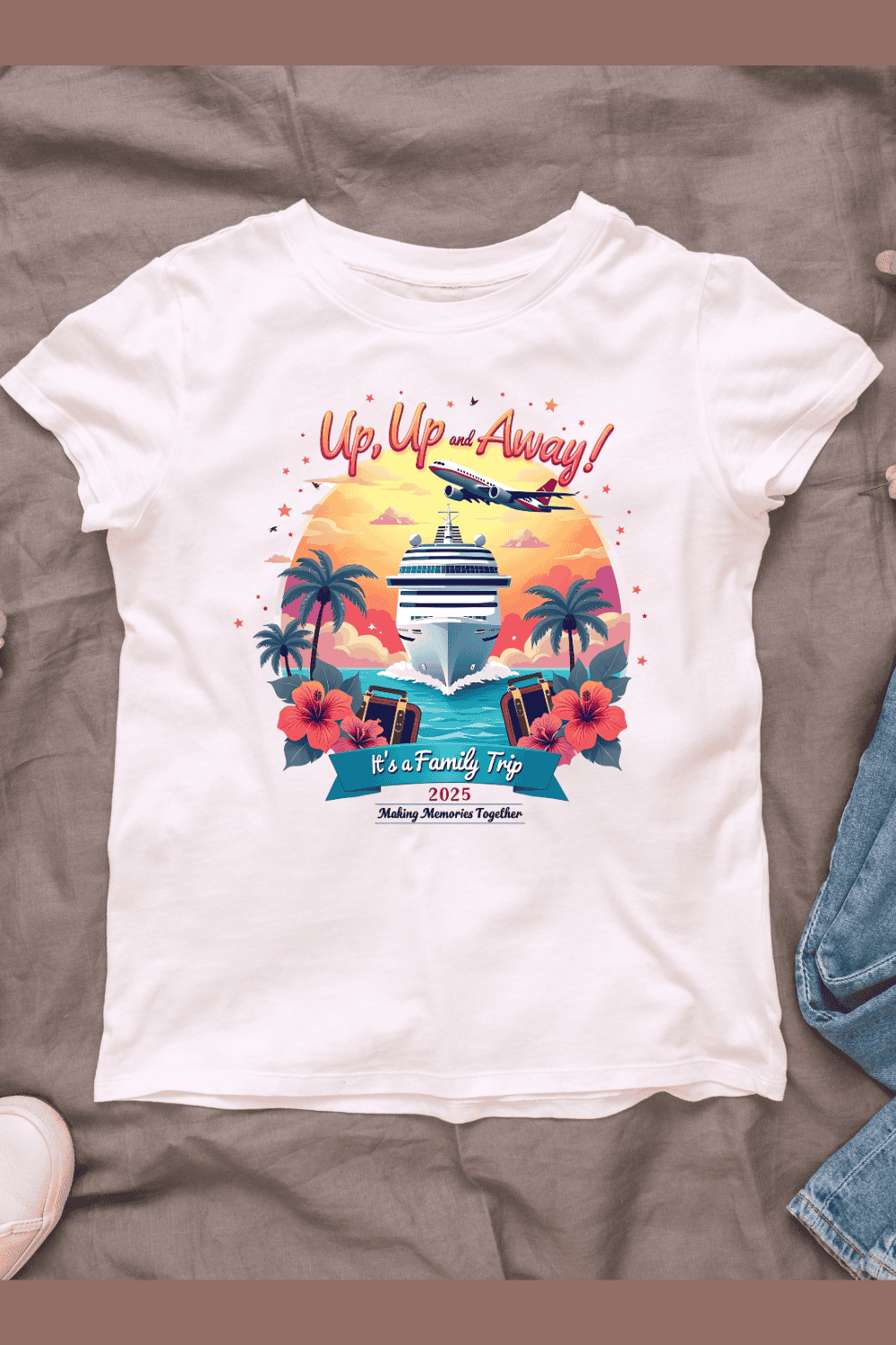 up, up, and away! it's a family trip 2025 T-Shirt Design Bundle pinterest preview image.