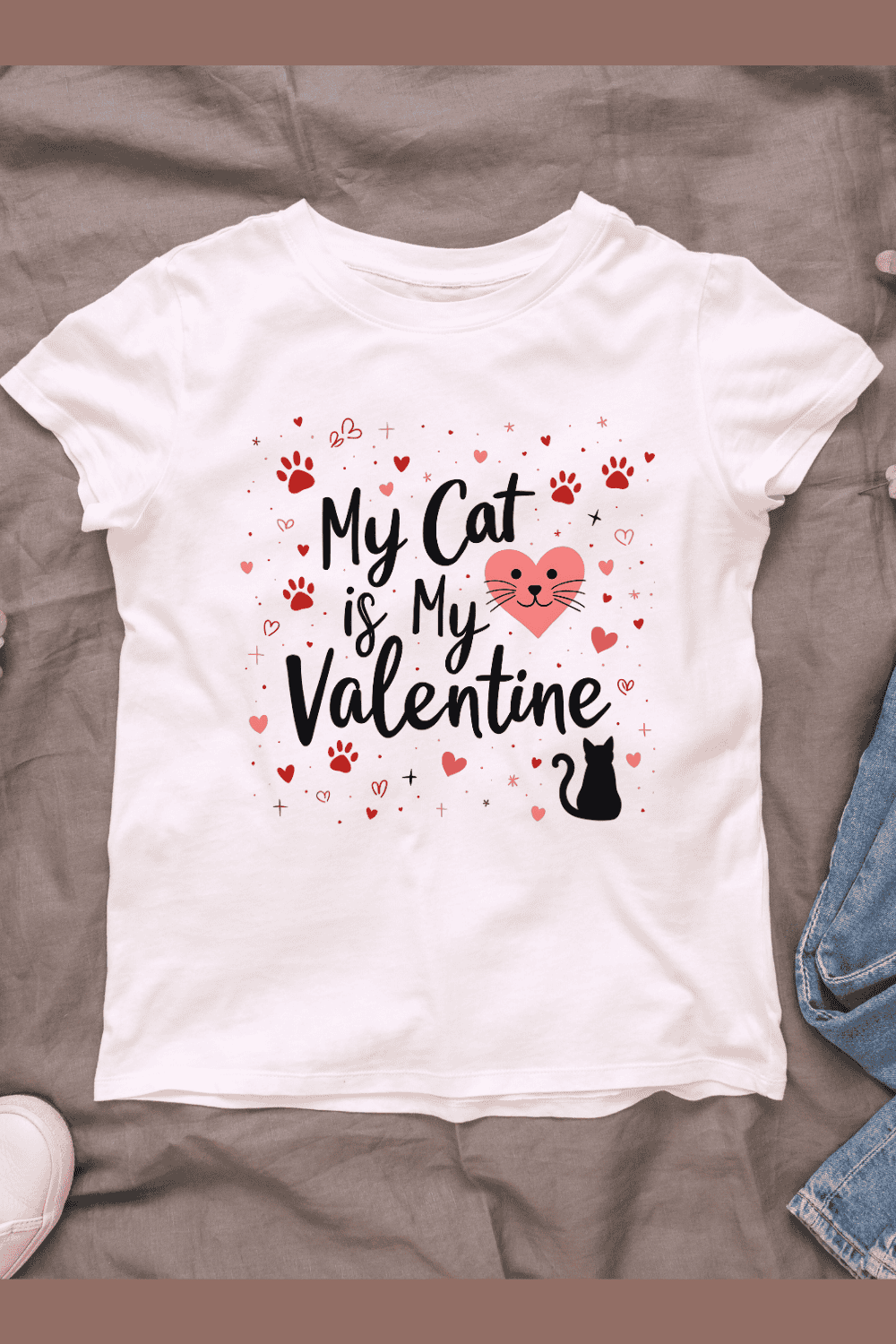 Cute Cat Illustration for Valentine's Day T-Shirt Design Bundle pinterest preview image.