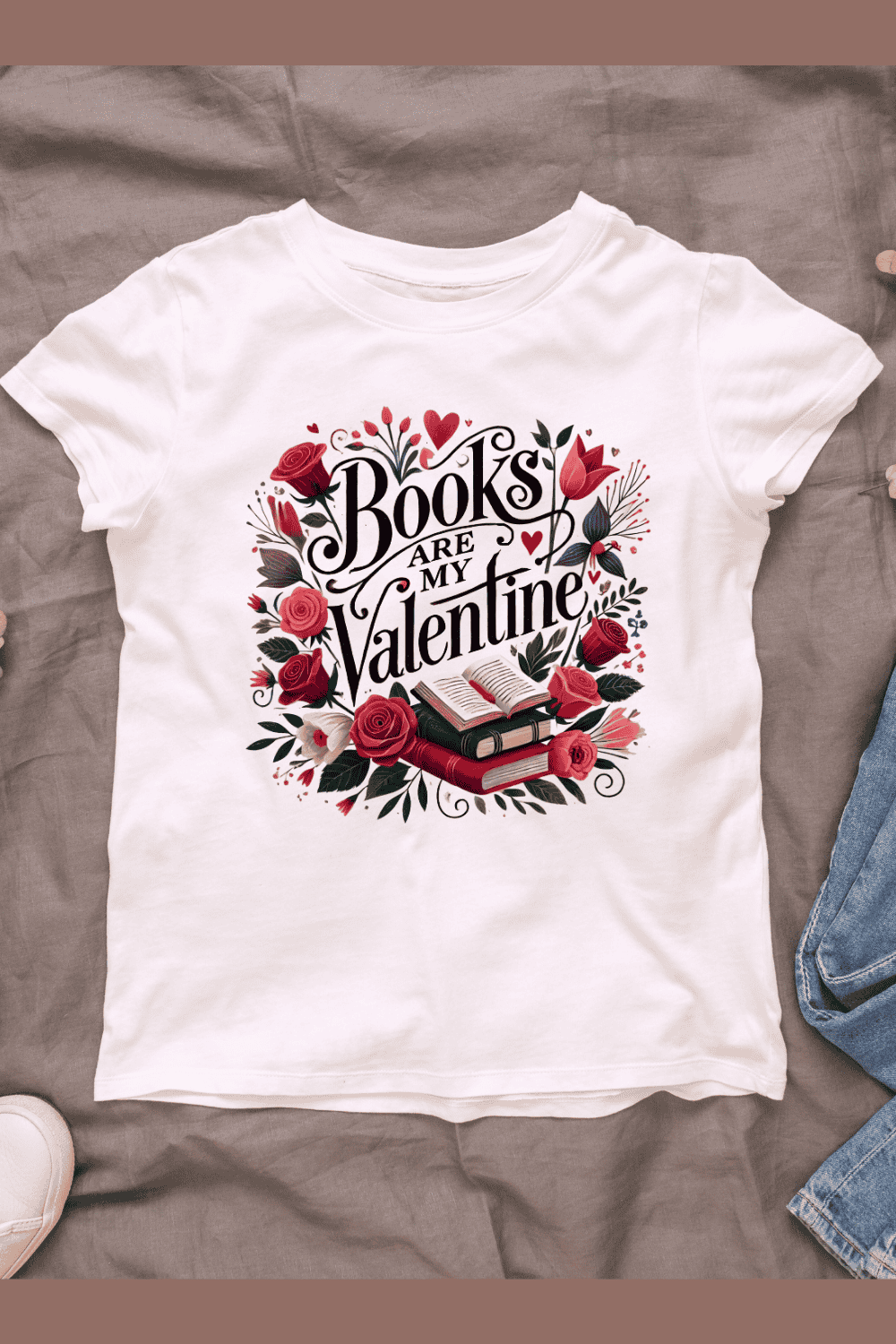 Books Are My Valentine with Flowers and Books T-Shirt Design Bundle pinterest preview image.