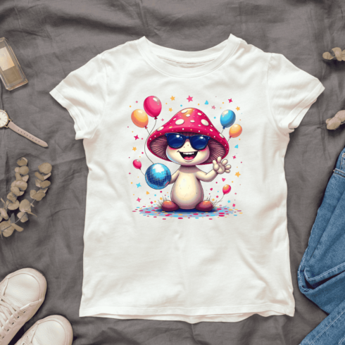 Cartoon Mushroom with Balloons and Disco Ball T-Shirt Design Bundle cover image.