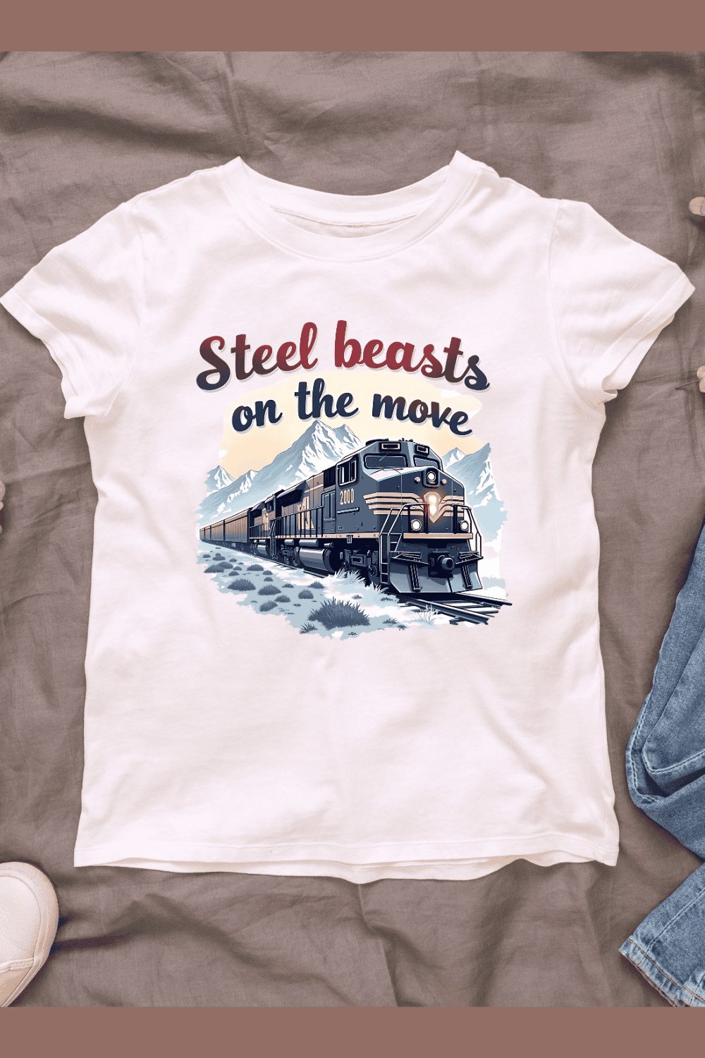 Retro Style Train with Mountains T-Shirt Design Bundle pinterest preview image.